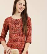 women's knee length tie-up neck rust bandhani straight kurta