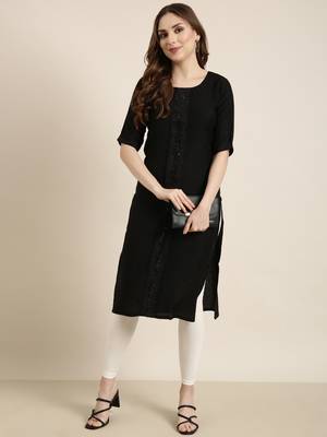 women's calf length round neck black solid straight kurta 5
