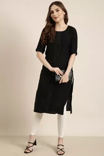 women's calf length round neck black solid straight kurta