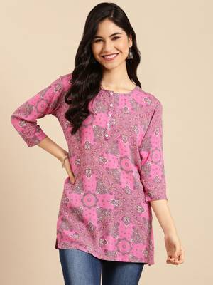women's ankle length round neck pink ethnic motifs a-line kurta 2