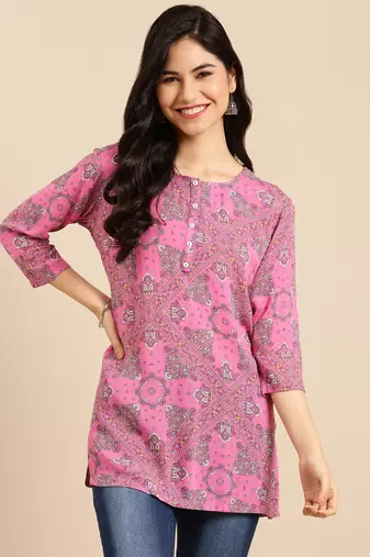 women's ankle length round neck pink ethnic motifs a-line kurta