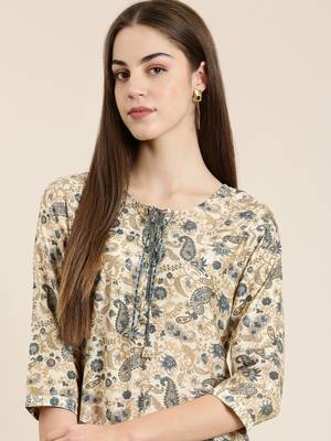 women's knee length tie-up neck cream paisley straight kurta 1