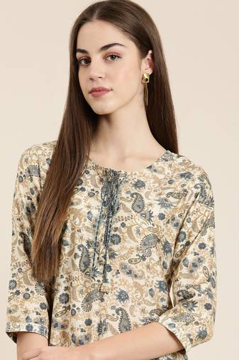women's knee length tie-up neck cream paisley straight kurta
