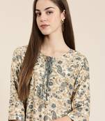 women's knee length tie-up neck cream paisley straight kurta