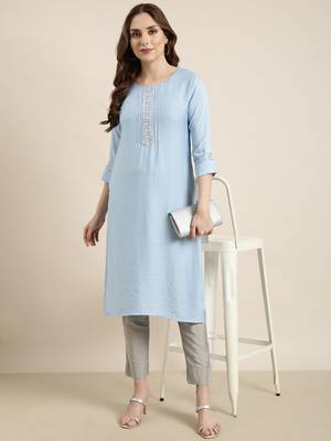 women's calf length round neck blue solid straight kurta 1