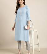 women's calf length round neck blue solid straight kurta