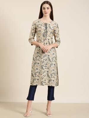 women's knee length tie-up neck cream paisley straight kurta 2
