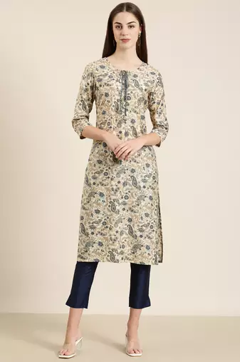 women's knee length tie-up neck cream paisley straight kurta