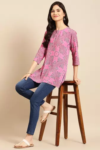 women's ankle length round neck pink ethnic motifs a-line kurta