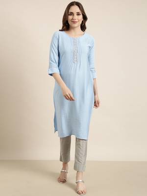 women's calf length round neck blue solid straight kurta 2