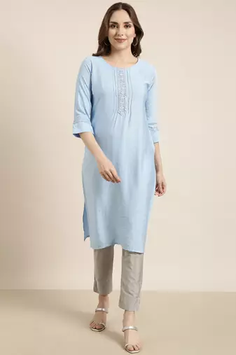 women's calf length round neck blue solid straight kurta