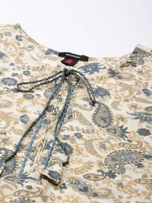women's knee length tie-up neck cream paisley straight kurta 3