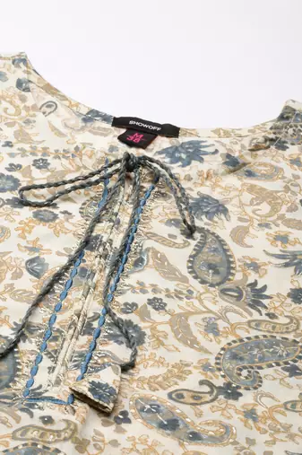 women's knee length tie-up neck cream paisley straight kurta