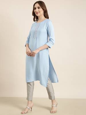 women's calf length round neck blue solid straight kurta 3