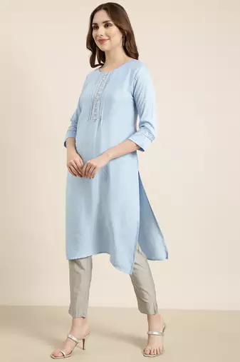 women's calf length round neck blue solid straight kurta
