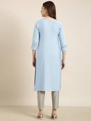 women's calf length round neck blue solid straight kurta 4