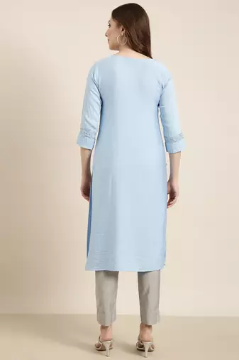 women's calf length round neck blue solid straight kurta