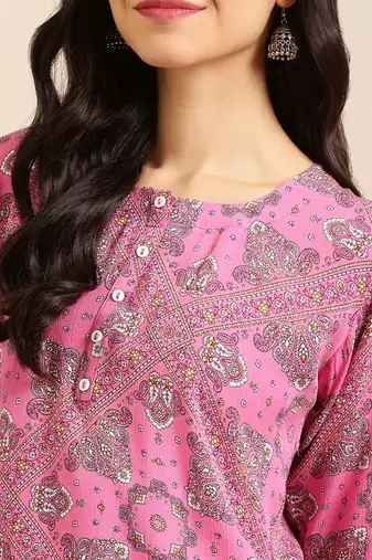 women's ankle length round neck pink ethnic motifs a-line kurta