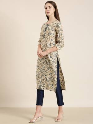 women's knee length tie-up neck cream paisley straight kurta 4