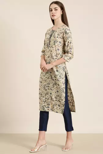 women's knee length tie-up neck cream paisley straight kurta