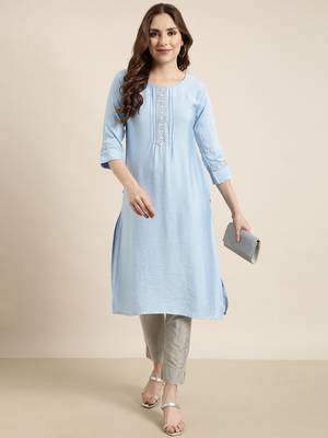 women's calf length round neck blue solid straight kurta 5