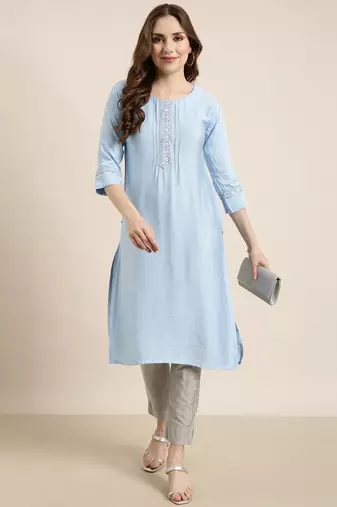 women's calf length round neck blue solid straight kurta