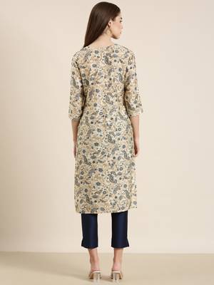 women's knee length tie-up neck cream paisley straight kurta 5