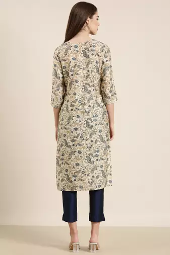 women's knee length tie-up neck cream paisley straight kurta