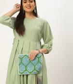women's calf length round neck green solid a-line kurta