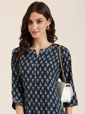 women's calf length round neck teal ethnic motifs straight kurta 1