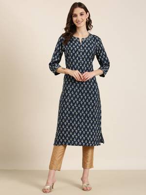 women's calf length round neck teal ethnic motifs straight kurta 2