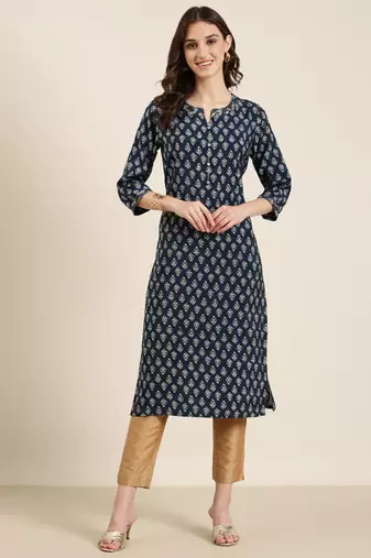 women's calf length round neck teal ethnic motifs straight kurta