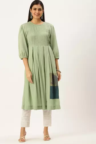women's calf length round neck green solid a-line kurta