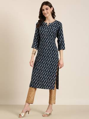 women's calf length round neck teal ethnic motifs straight kurta 4