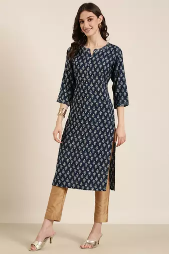 women's calf length round neck teal ethnic motifs straight kurta