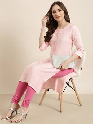 women's calf length round neck pink solid straight kurta 1
