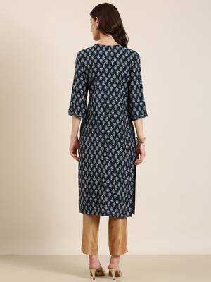 women's calf length round neck teal ethnic motifs straight kurta 5