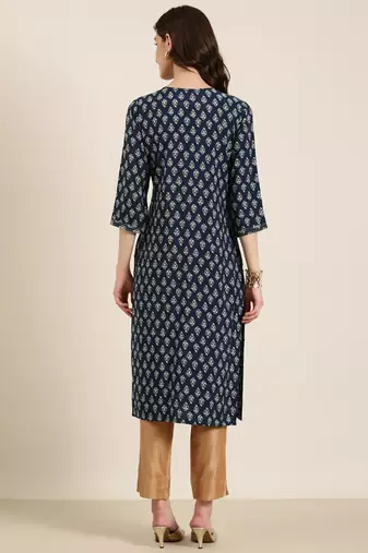 women's calf length round neck teal ethnic motifs straight kurta