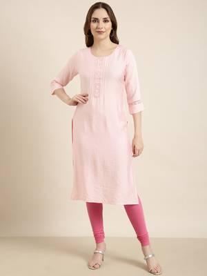 women's calf length round neck pink solid straight kurta 2