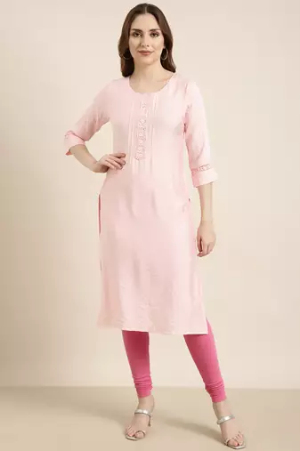 women's calf length round neck pink solid straight kurta