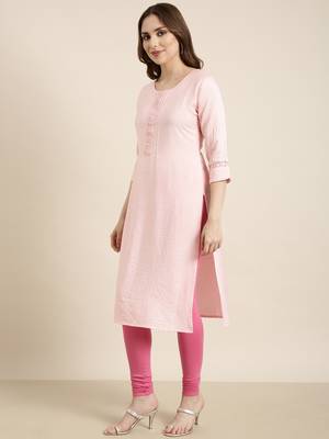 women's calf length round neck pink solid straight kurta 3