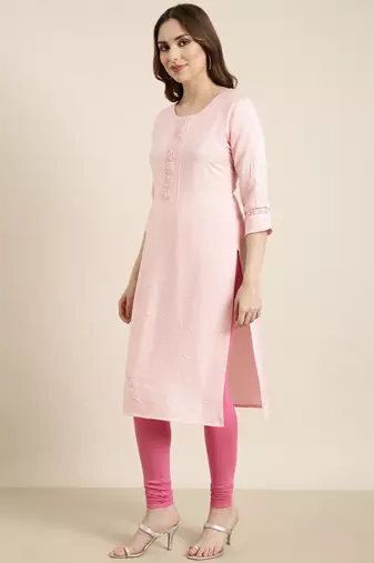 women's calf length round neck pink solid straight kurta