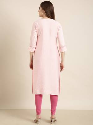 women's calf length round neck pink solid straight kurta 4