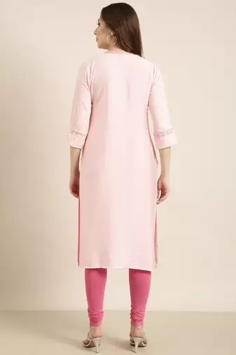 women's calf length round neck pink solid straight kurta