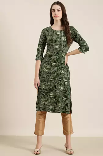 women's calf length round neck green bandhani straight kurta