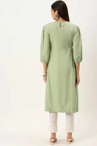 women's calf length round neck green solid a-line kurta