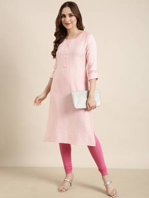 women's calf length round neck pink solid straight kurta 5