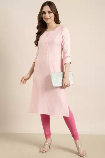 women's calf length round neck pink solid straight kurta