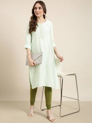 women's calf length round neck sea green solid straight kurta 1