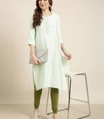 women's calf length round neck sea green solid straight kurta